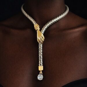 Vintage Two Tone Mesh Snake Hand Clasp Necklace